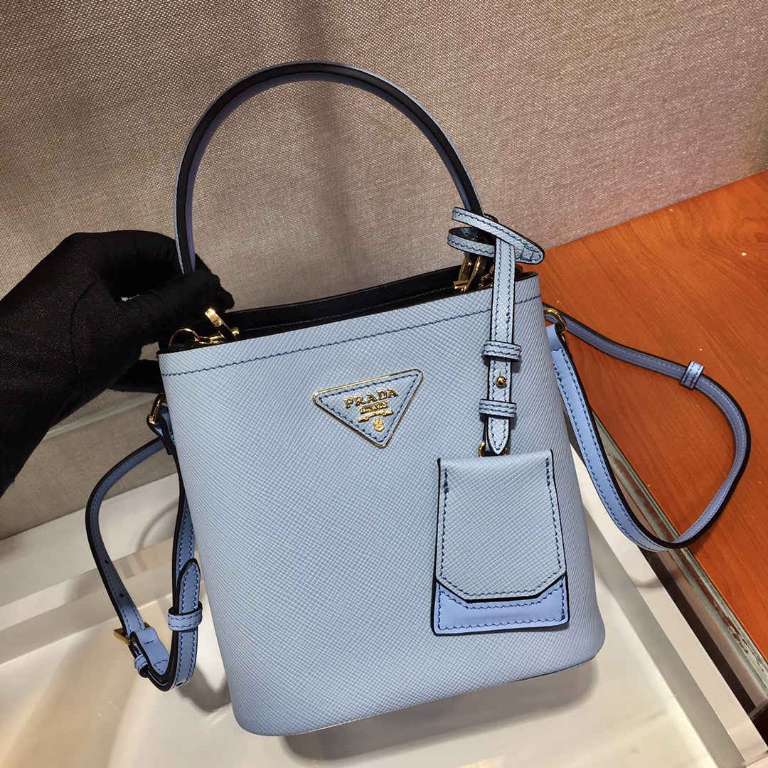 Prada Small Saffiano Leather Panier Bag Light Blue/Black 1BA217